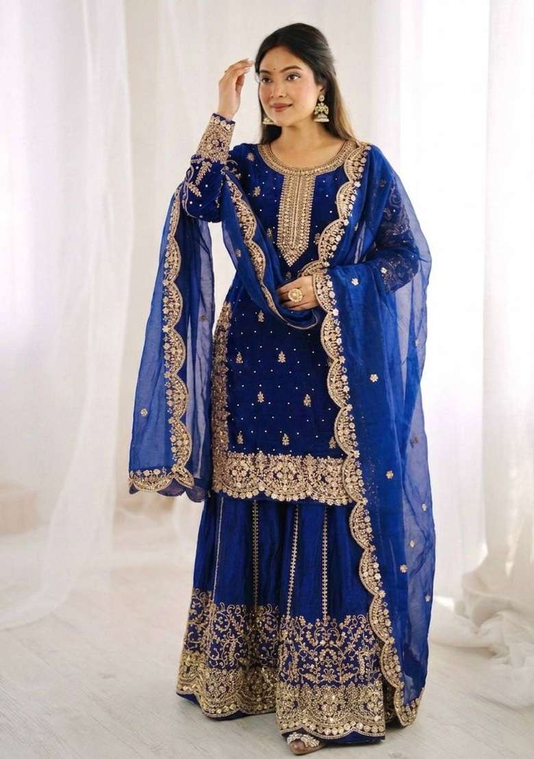 Royal Blue Zari Work Silk Blend salwar suit - Indya