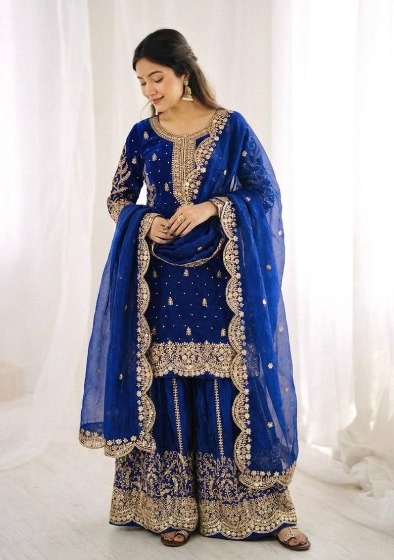 Royal Blue Zari Work Silk Blend salwar suit - Indya