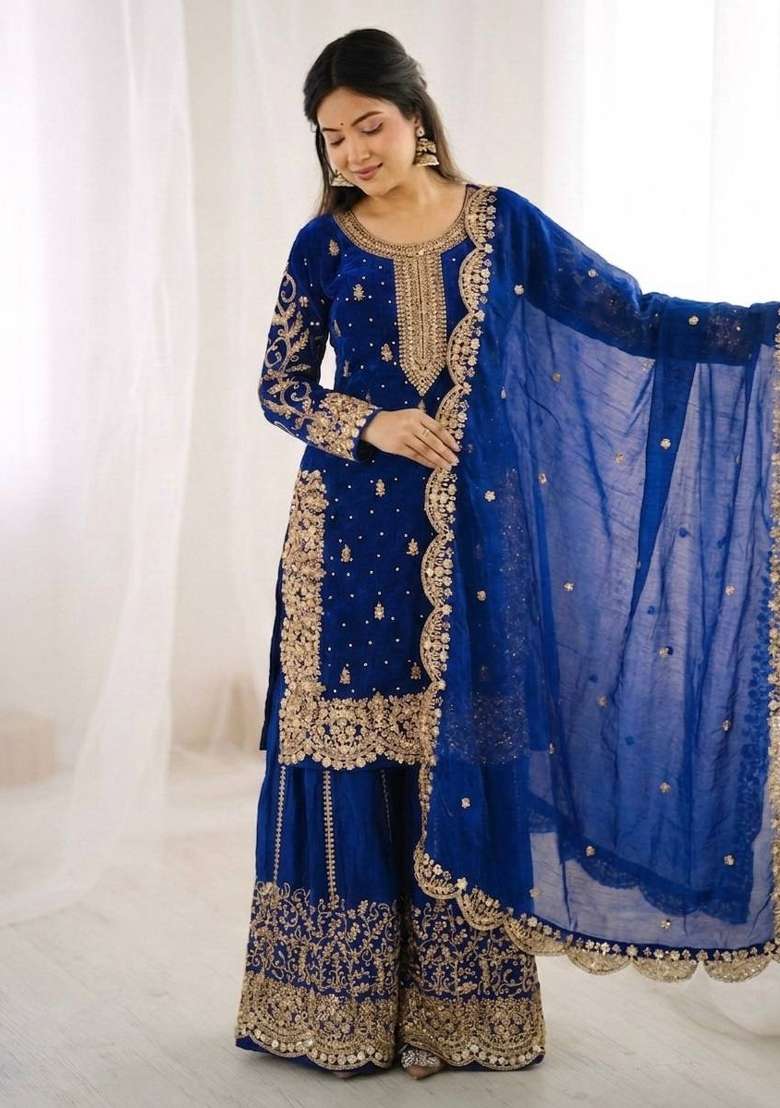 Royal Blue Zari Work Silk Blend salwar suit - Indya
