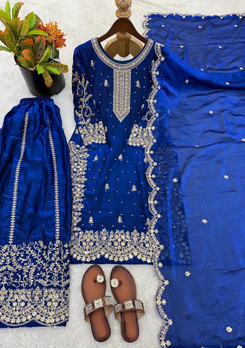 Royal Blue Zari Work Silk Blend salwar suit - Indya