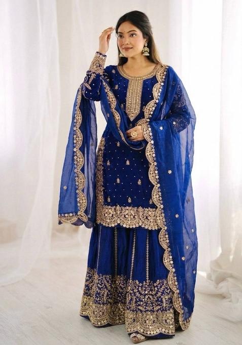 Royal Blue Zari Work Silk salwar suit