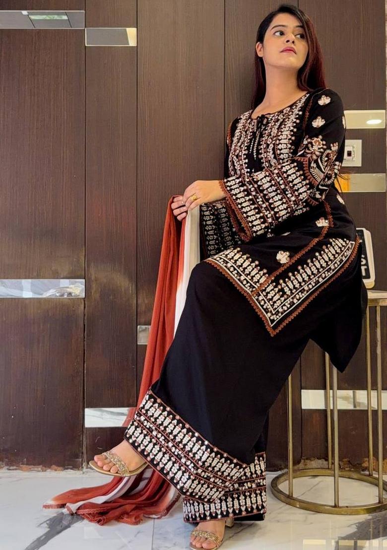 Black Zari Work Cotton salwar suit - Indya