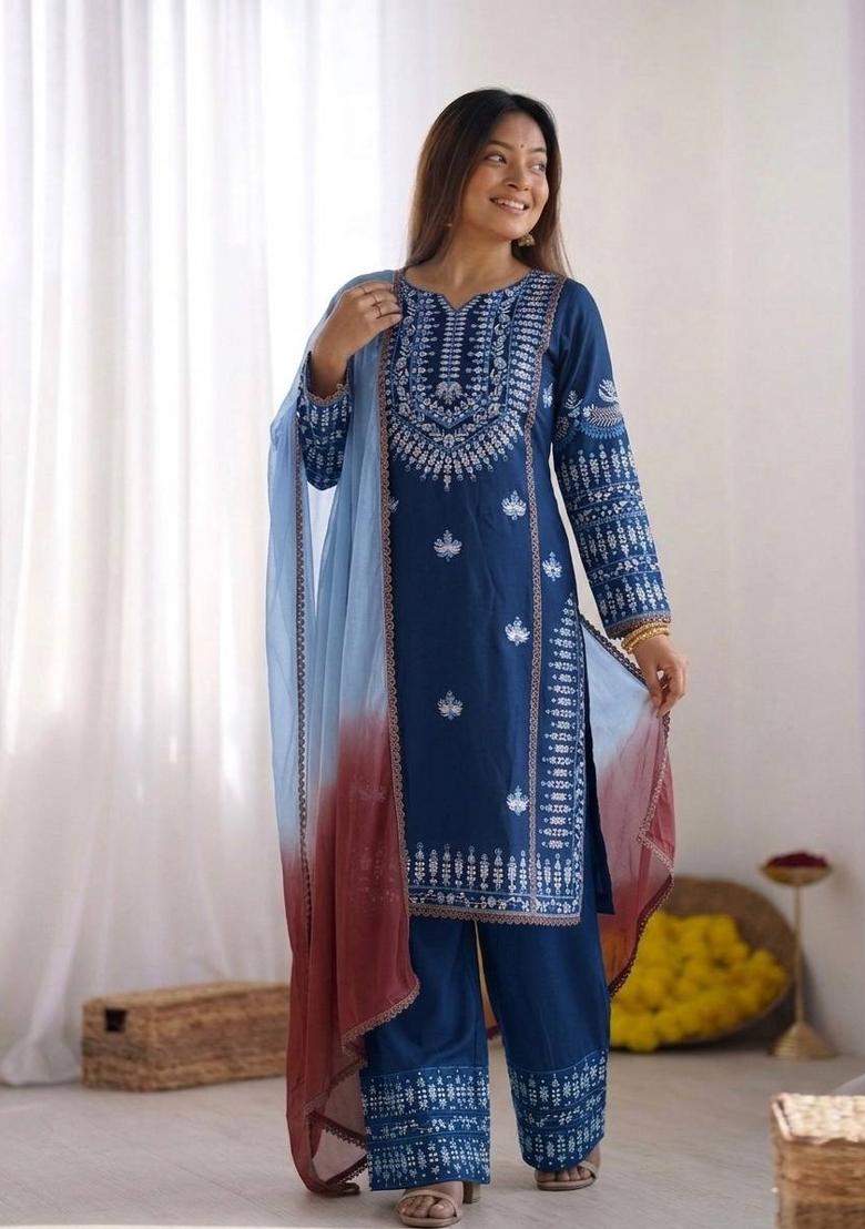 Blue Zari Work Cotton salwar suit - Indya