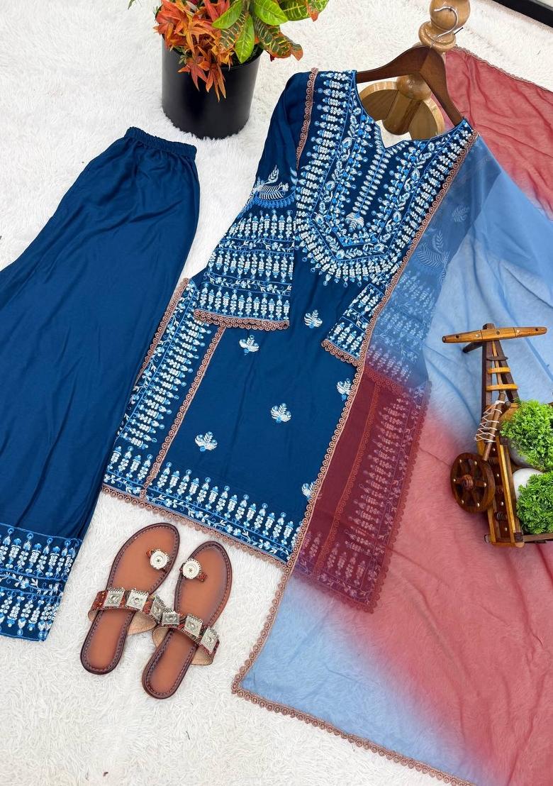 Blue Zari Work Cotton salwar suit - Indya