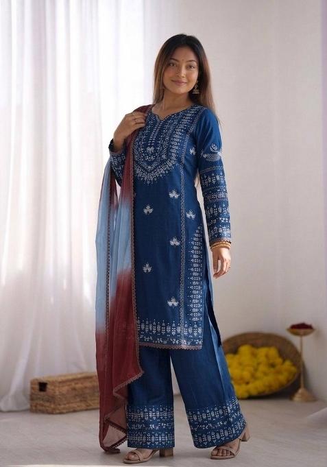 Blue Zari Work Cotton salwar suit