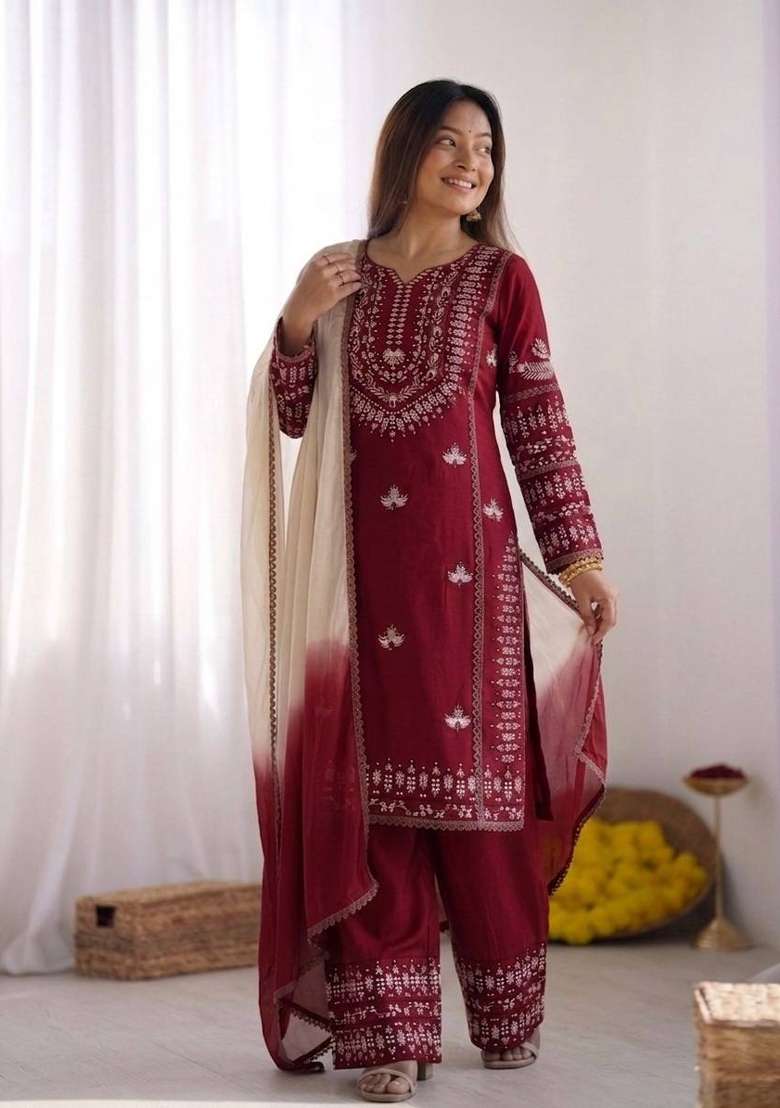 Maroon Zari Work Cotton salwar suit - Indya