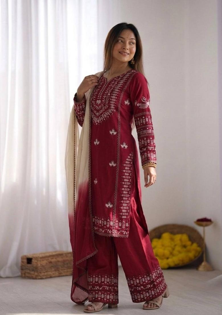 Maroon Zari Work Cotton salwar suit - Indya