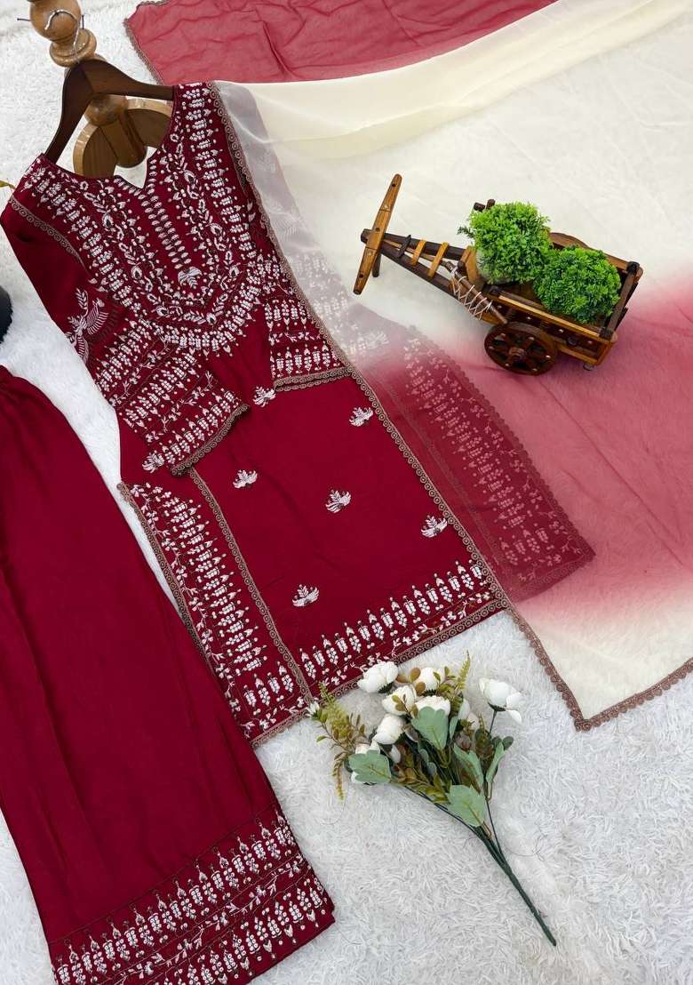 Maroon Zari Work Cotton salwar suit - Indya
