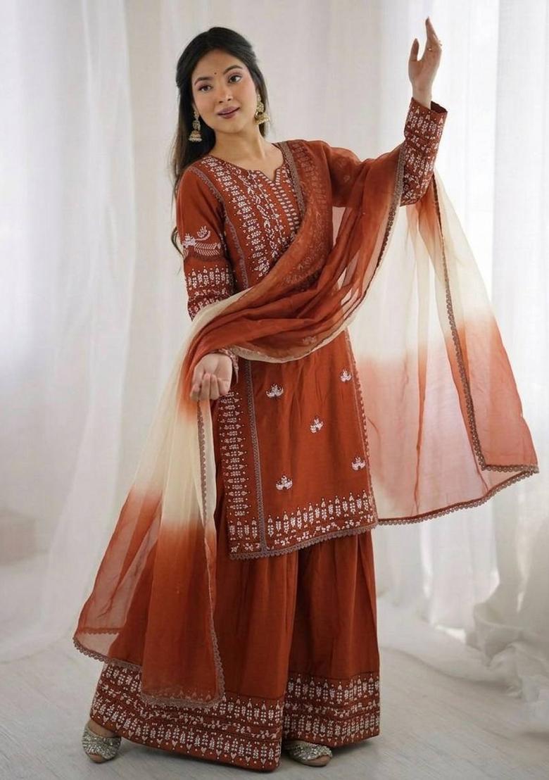 Orange Zari Work Cotton salwar suit - Indya