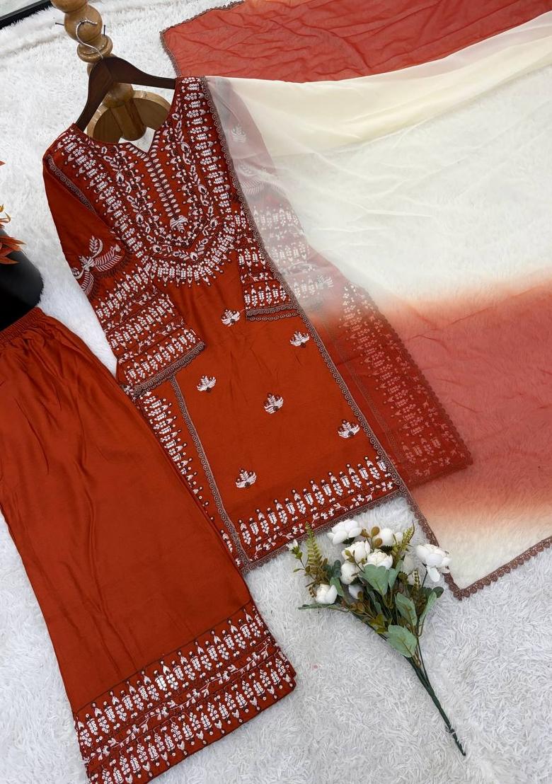 Orange Zari Work Cotton salwar suit - Indya