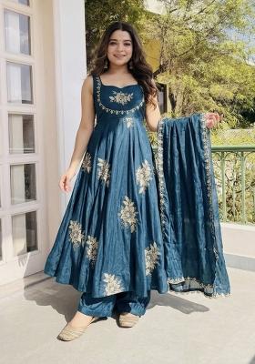Blue Zari Work Silk Blend salwar suit
