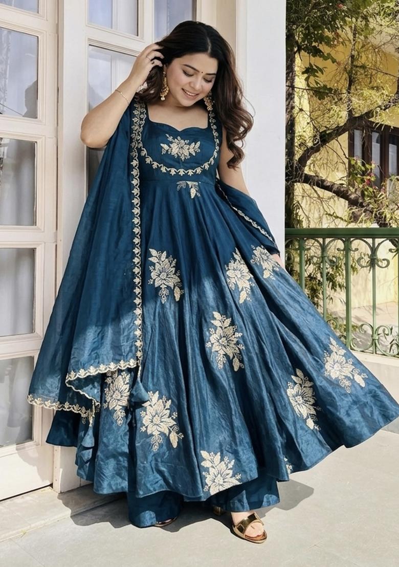 Blue Zari Work Silk Blend salwar suit - Indya