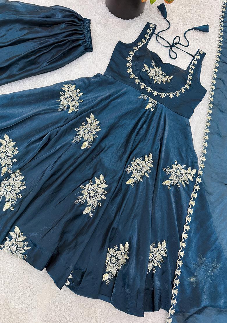 Blue Zari Work Silk Blend salwar suit - Indya
