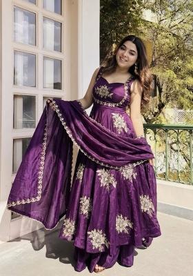 Purple Zari Work Silk Blend salwar suit