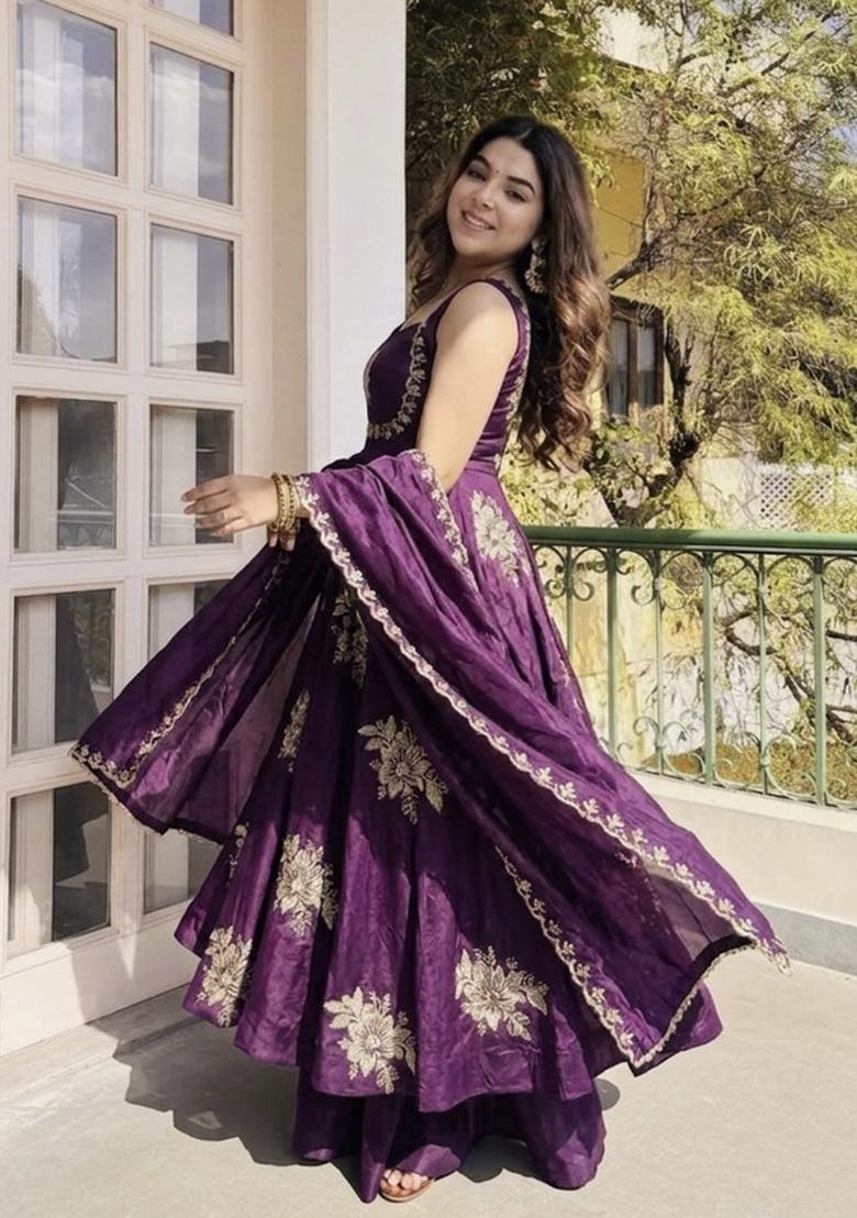 Purple Zari Work Silk Blend salwar suit - Indya