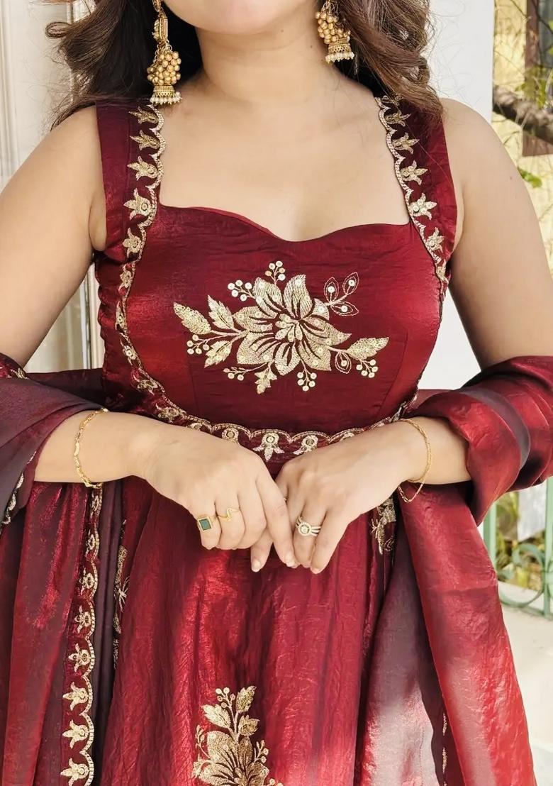 Maroon Zari Work Silk Blend salwar suit - Indya