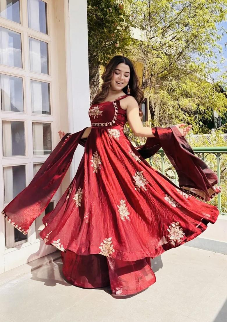 Maroon Zari Work Silk Blend salwar suit - Indya