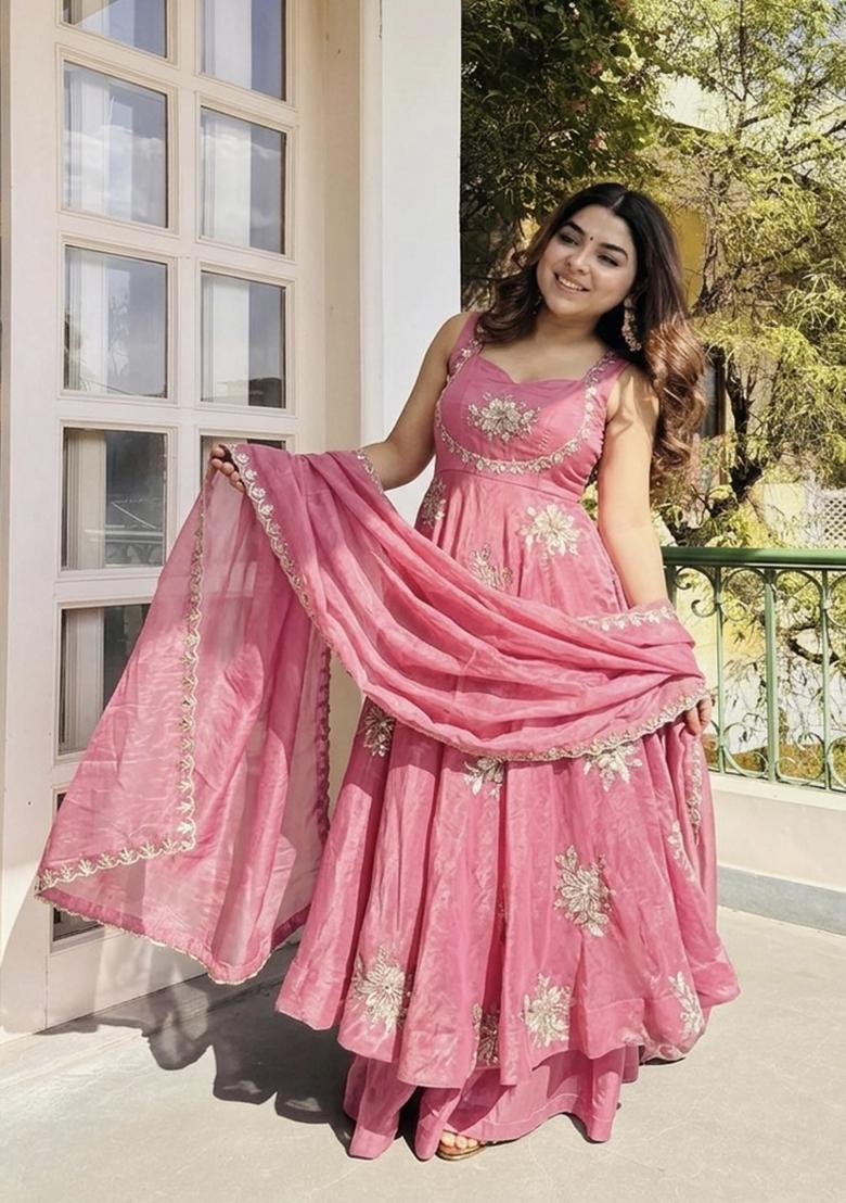 Pink Zari Work Silk Blend salwar suit - Indya