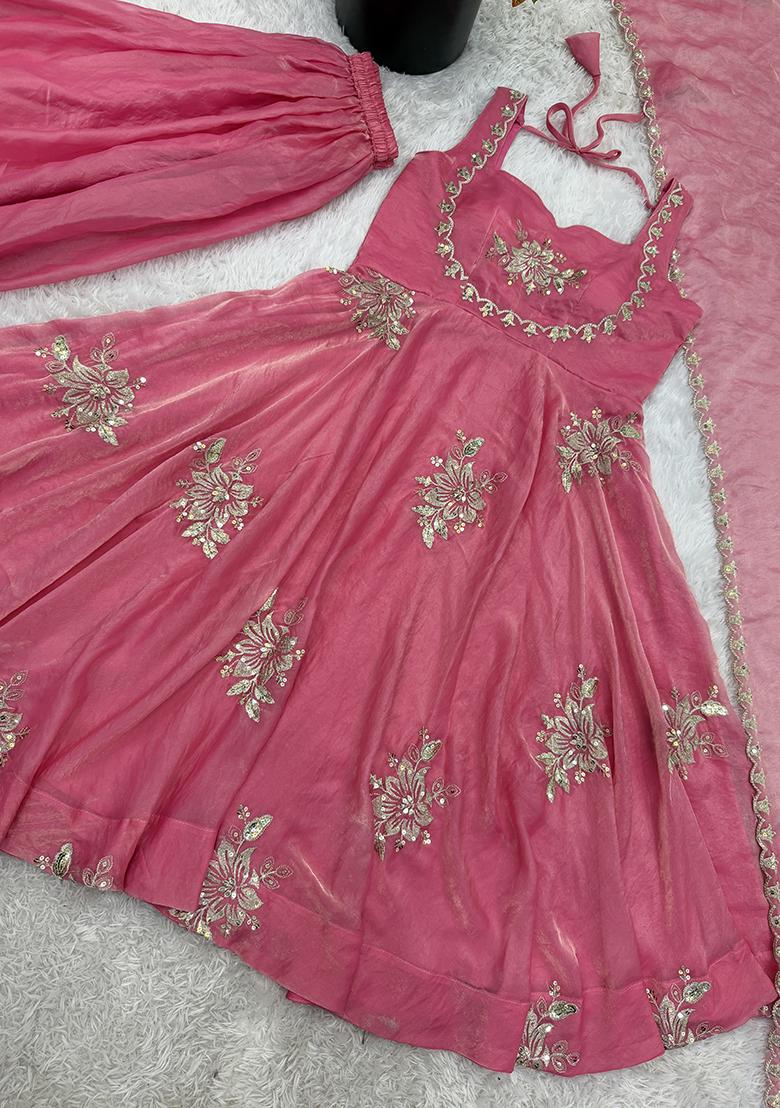 Pink Zari Work Silk Blend salwar suit - Indya