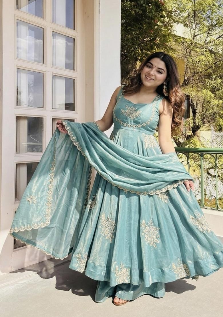 sky blue Zari Work Silk Blend salwar suit - Indya
