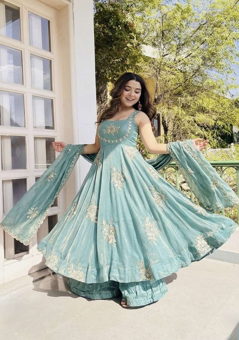 sky blue Zari Work Silk Blend salwar suit - Indya