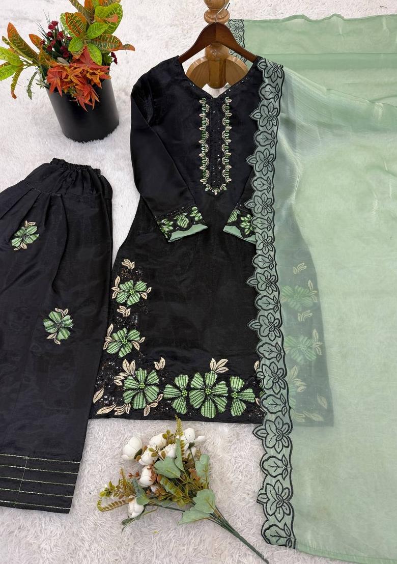 Green Zari Work Silk Blend salwar suit - Indya