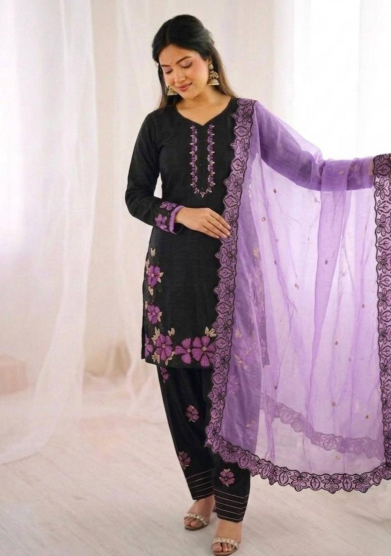 lavender Zari Work Silk Blend salwar suit - Indya