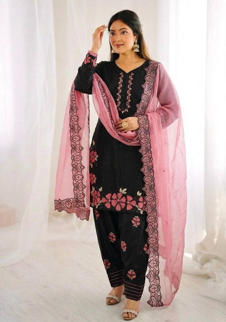 Peach Zari Work Silk Blend salwar suit - Indya