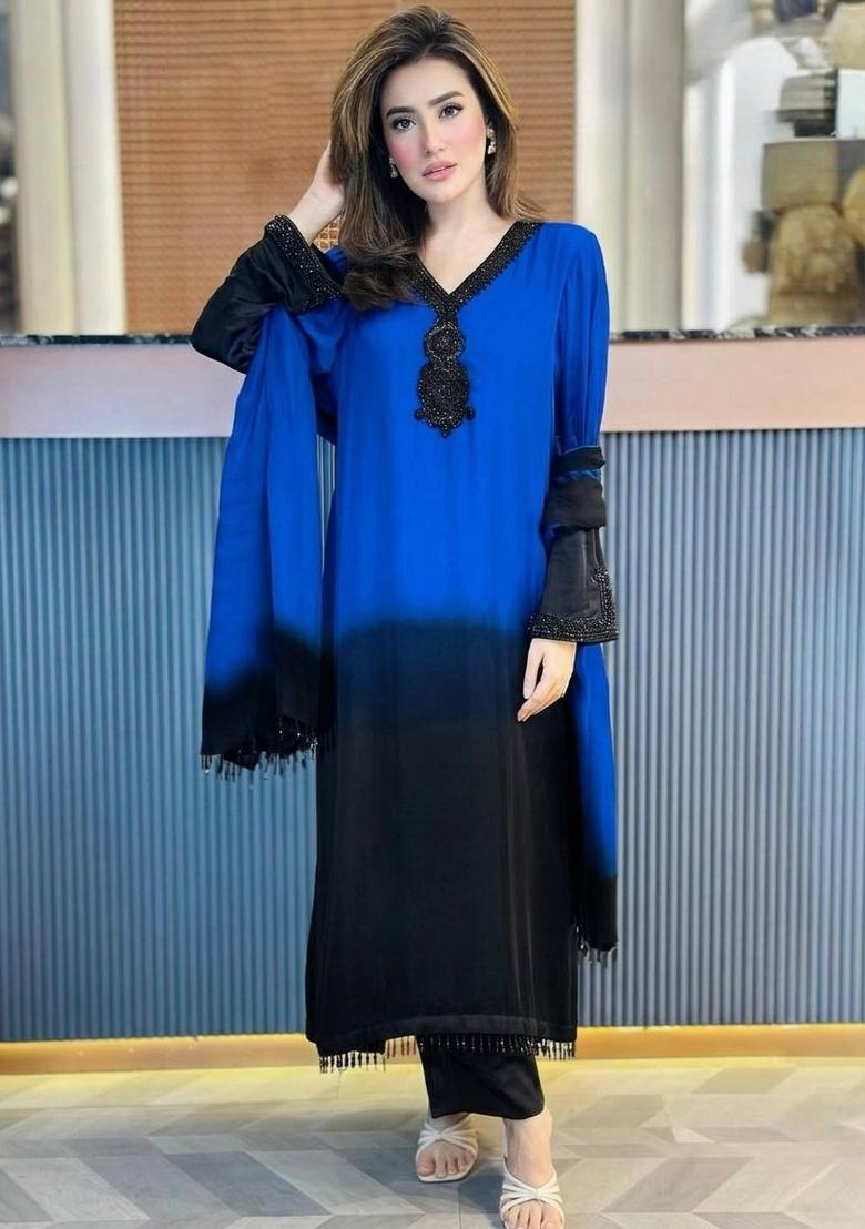 Blue Zari Work Silk Blend salwar suit - Indya