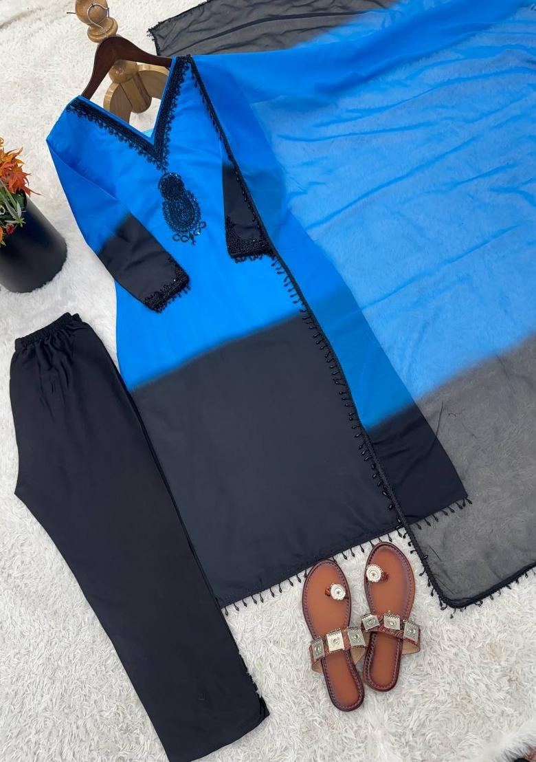 Blue Zari Work Silk Blend salwar suit - Indya