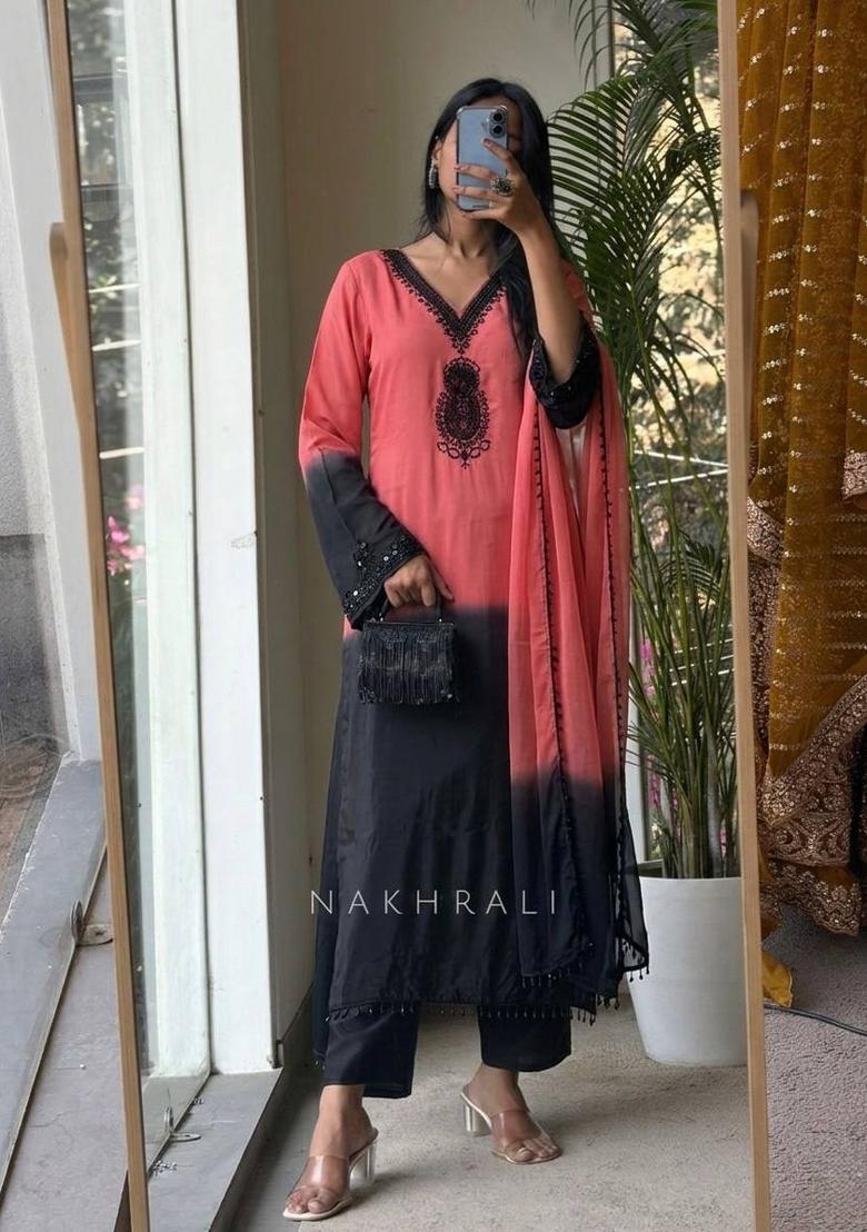 Peach Zari Work Silk Blend salwar suit - Indya