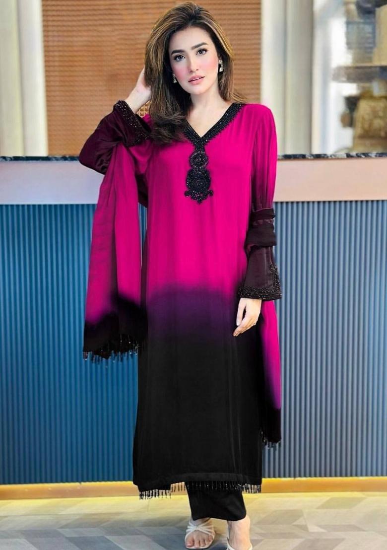 Pink Zari Work Silk Blend salwar suit - Indya