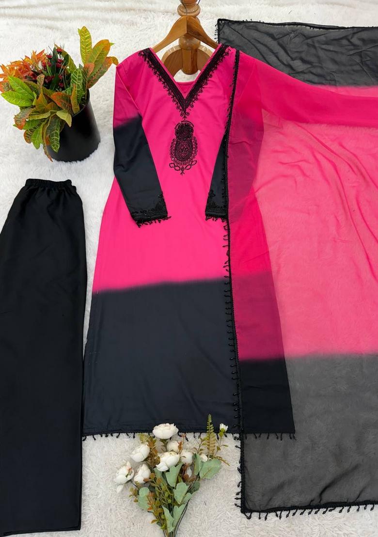 Pink Zari Work Silk Blend salwar suit - Indya