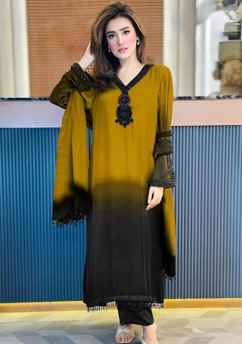 Yellow Zari Work Silk Blend salwar suit - Indya