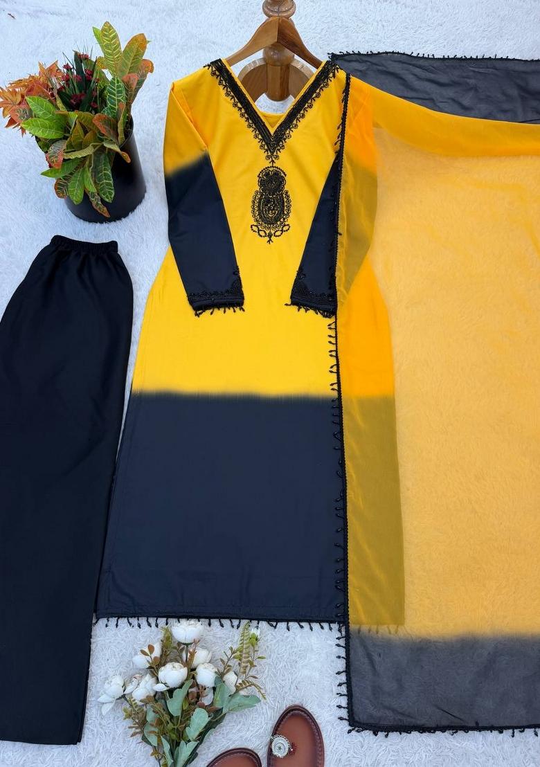 Yellow Zari Work Silk Blend salwar suit - Indya