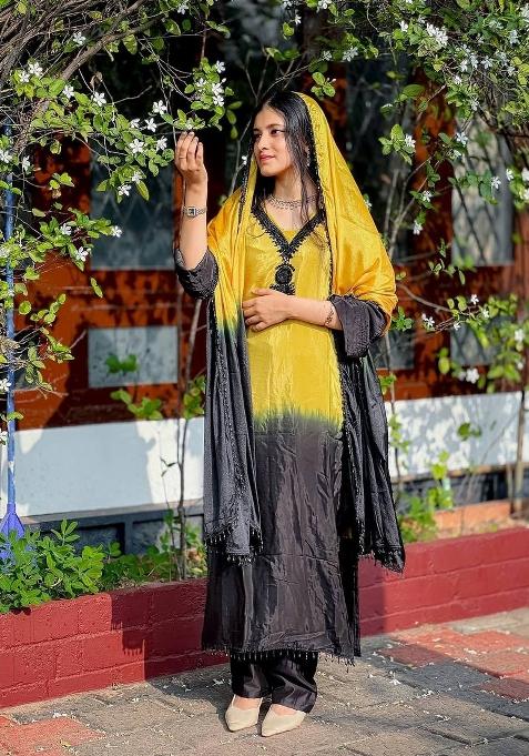Yellow Zari Work Silk salwar suit