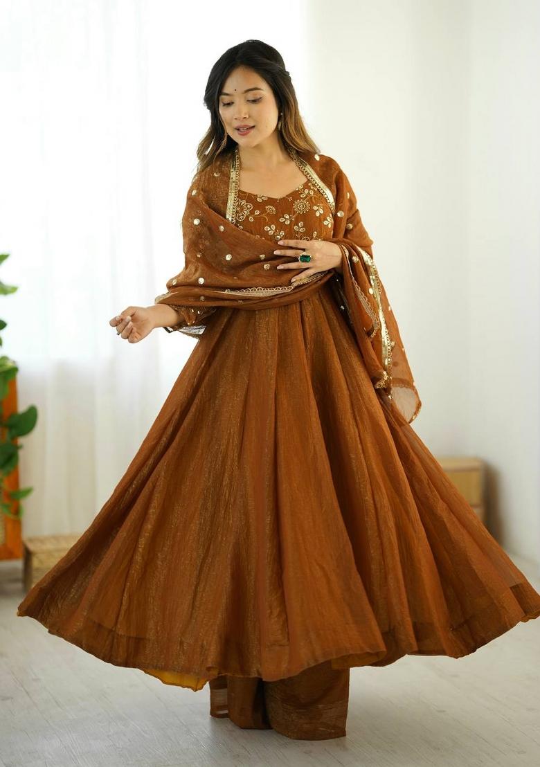 Gold Zari Work Silk Blend salwar suit - Indya