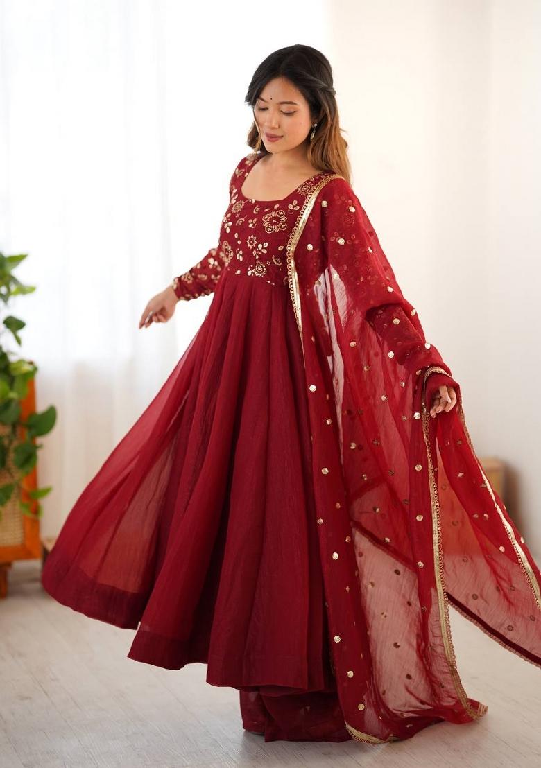 Maroon Zari Work Silk Blend salwar suit - Indya