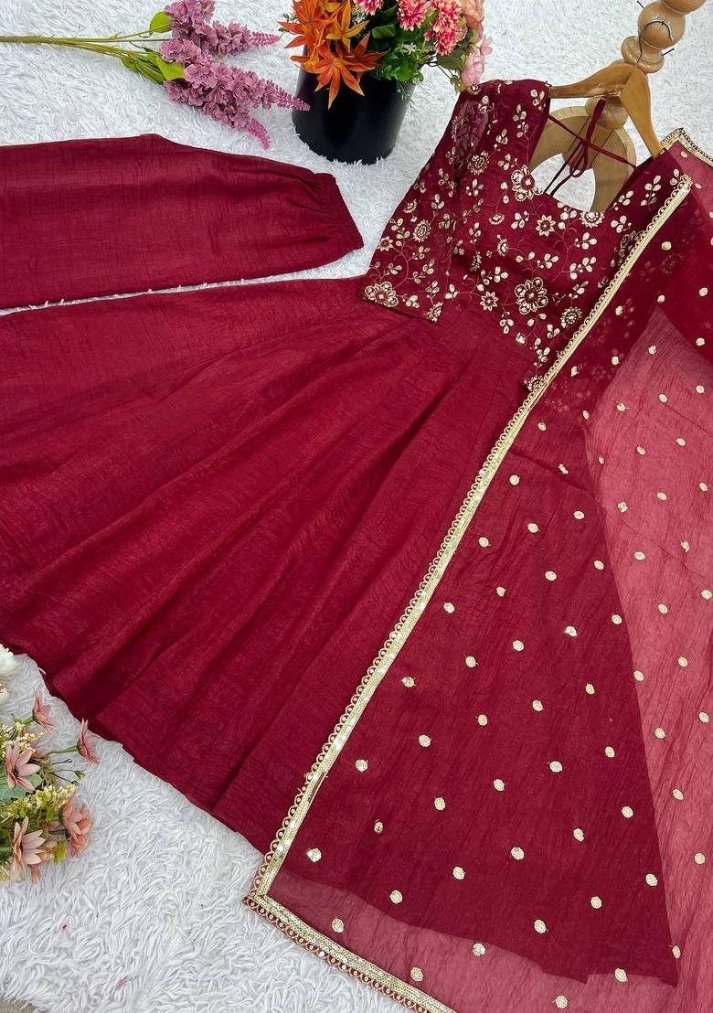 Maroon Zari Work Silk Blend salwar suit - Indya