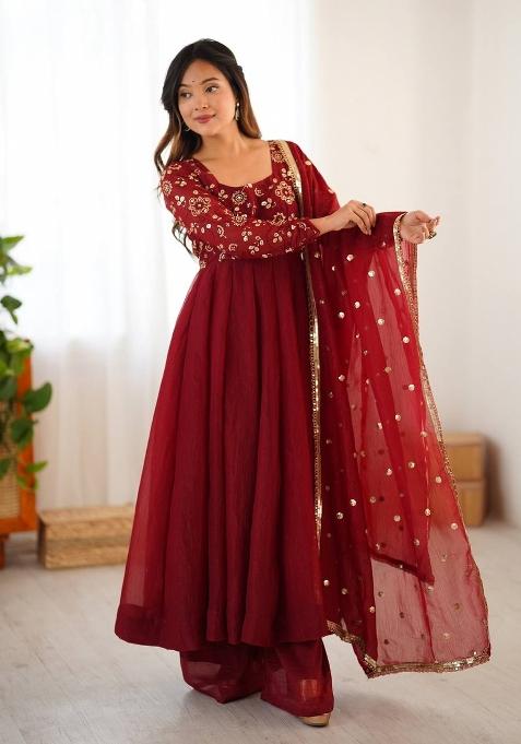Maroon Zari Work Silk salwar suit