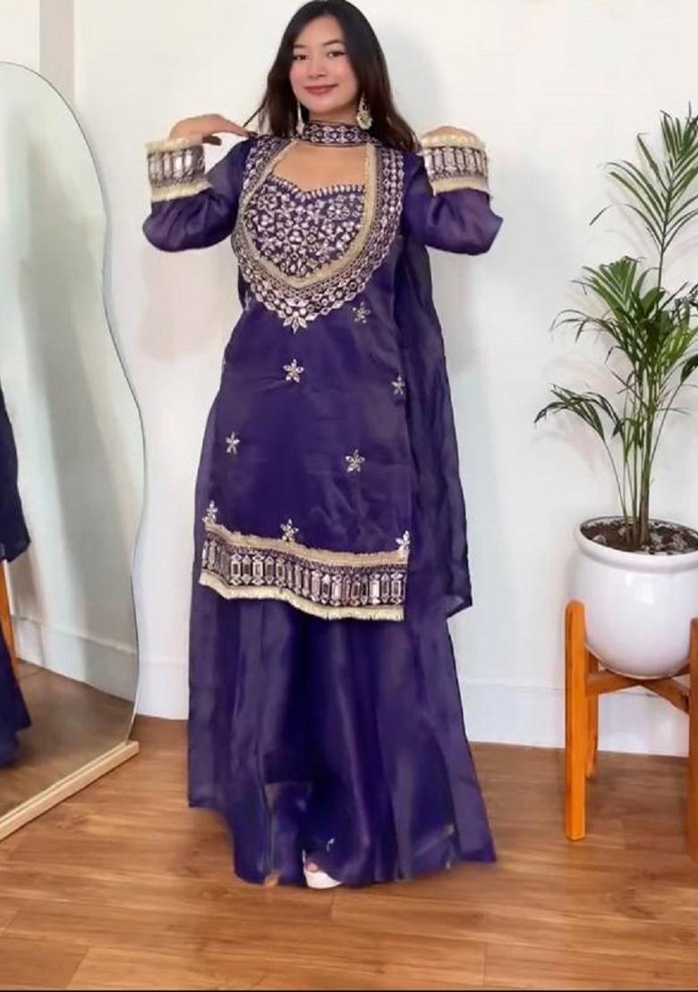 Purple Zari Work Silk Blend salwar suit - Indya