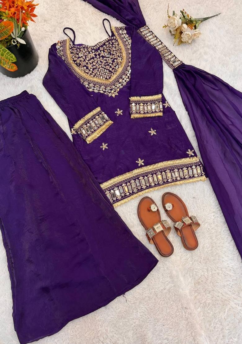 Purple Zari Work Silk Blend salwar suit - Indya