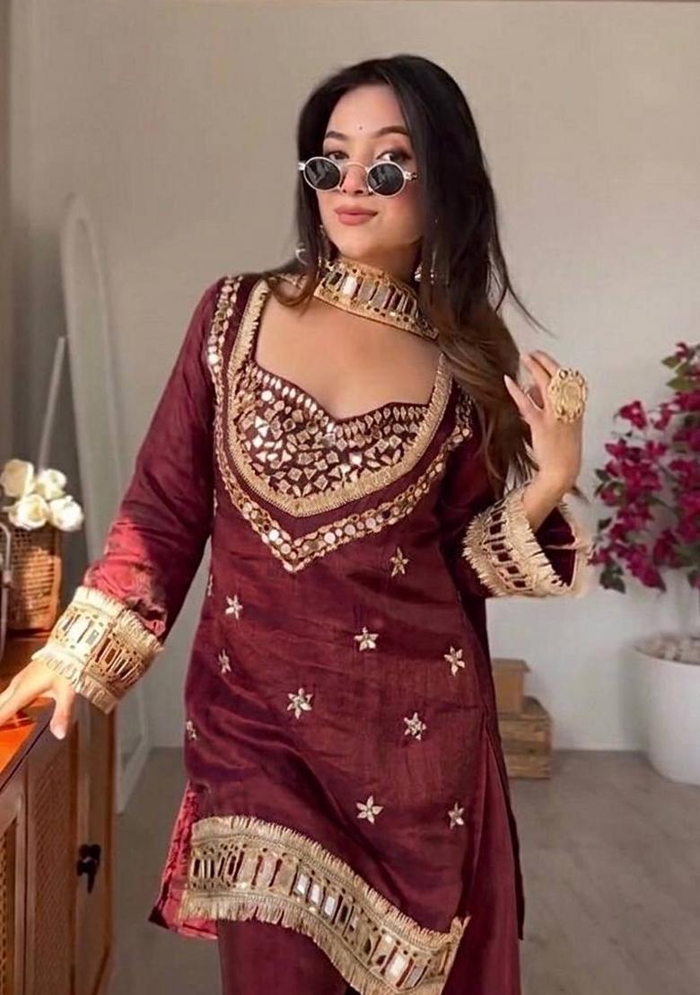 Maroon Zari Work Silk Blend salwar suit - Indya