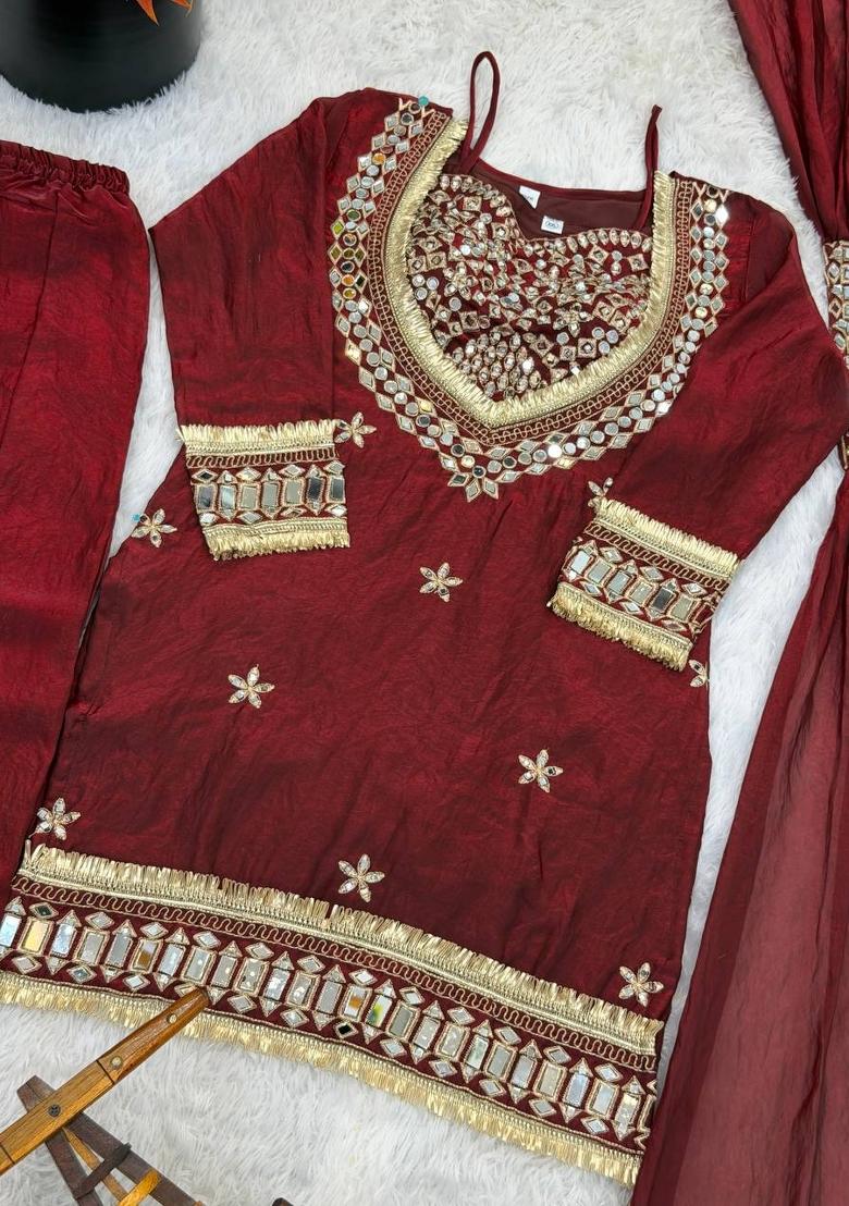 Maroon Zari Work Silk Blend salwar suit - Indya