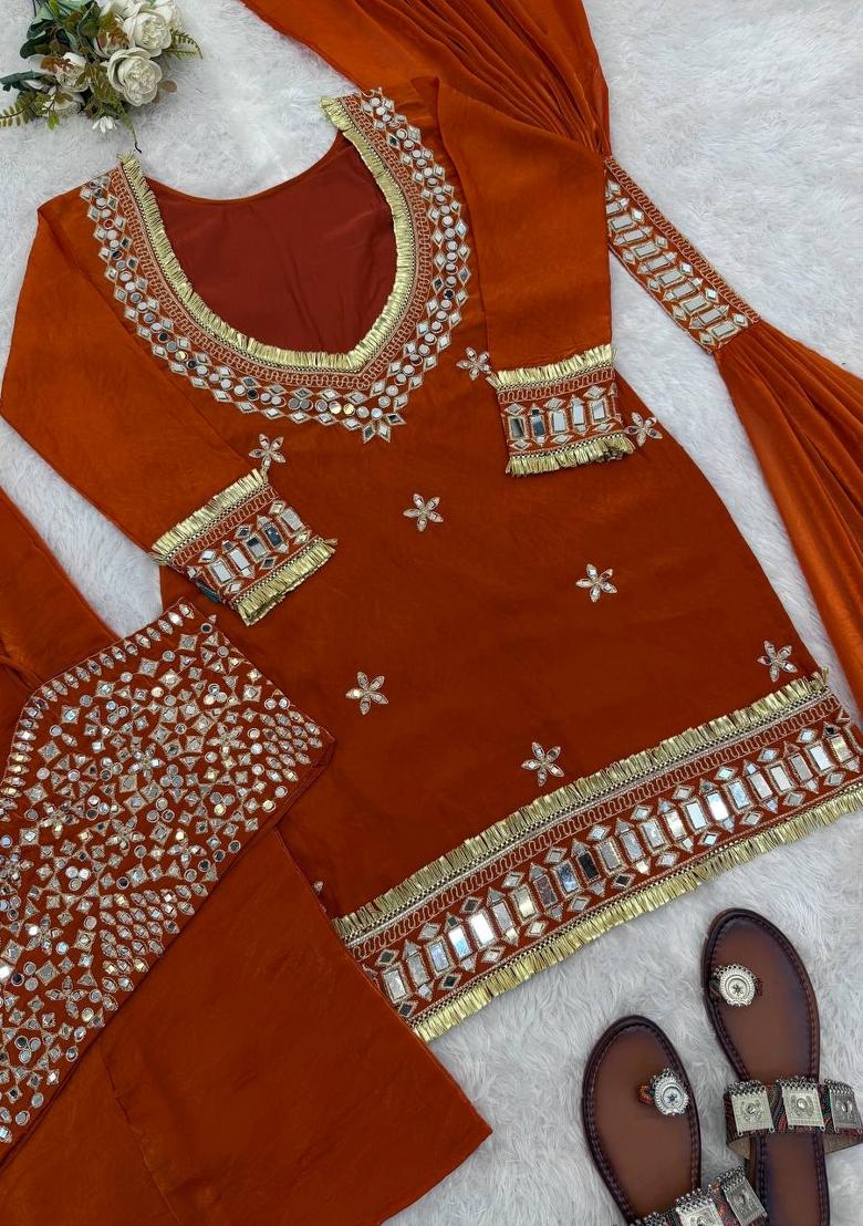 Orange Zari Work Silk Blend salwar suit - Indya