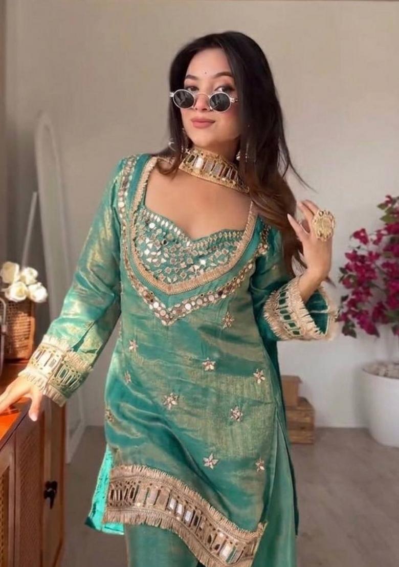 Teal Zari Work Silk Blend salwar suit - Indya