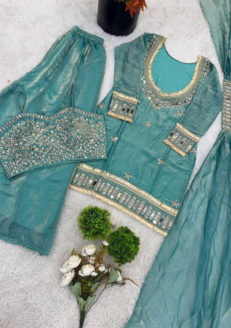 Teal Zari Work Silk Blend salwar suit - Indya