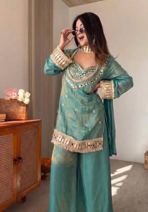 Teal Zari Work Silk salwar suit