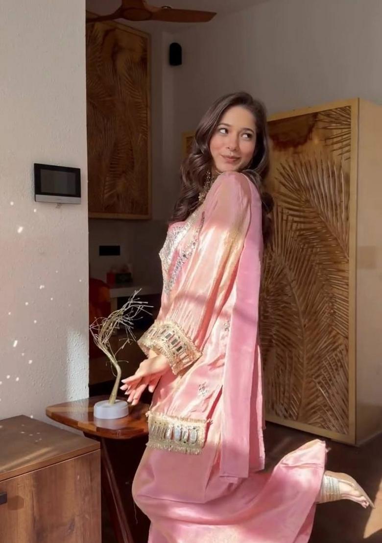 Pink Zari Work Silk Blend salwar suit - Indya
