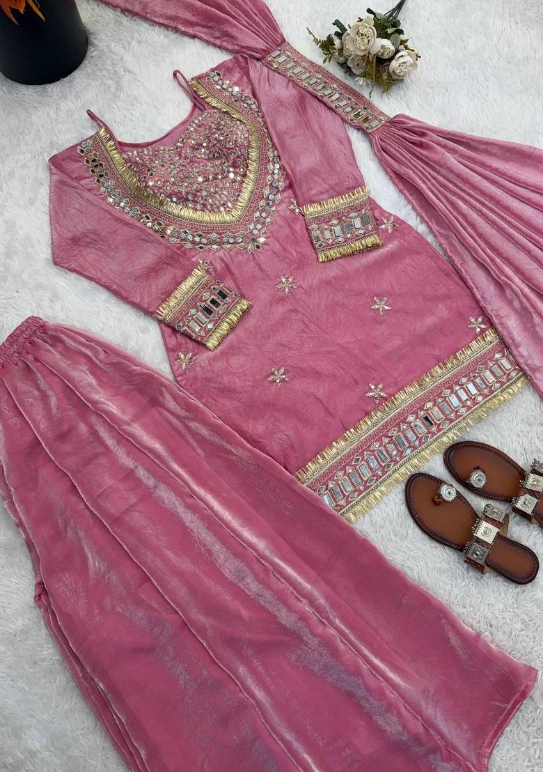 Pink Zari Work Silk Blend salwar suit - Indya